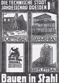 Das aus standartisierten Bauelementen montierte Stahlrahmenhaus der Stahlbau Dsseldorf G.m.b.H. nach dem Entwurf des Architekten Hans Spiegel wird auf der Jahresschau 1928 Dresden als Beispiel wirtschaftlicher Mechanisierung des Wohnungsbaus gezeigt.  