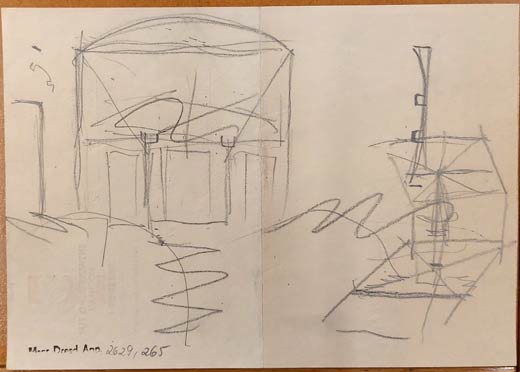 Erste Ideenskizze von Hans Kinder zum geplanten Wandbild im Treppenaufgang zum Cafe Prag am Altmarkt in Dresden