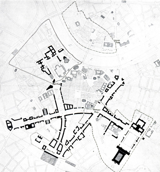 Plan Neugestaltung der Innenstadt Dresden mit vier Schwerpunkten 1939