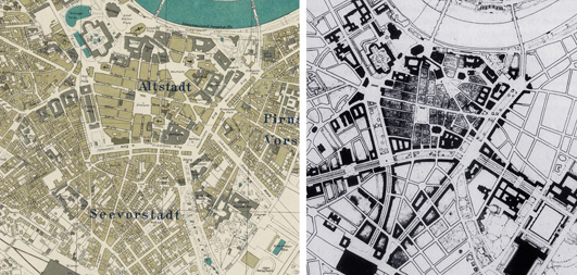 Gegenberstellung und Vergleich Stadtplan Dresden 1941 mit der geplanten Neugestaltung Innenstadt, Stand Ende 1938