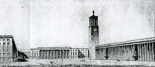 Zeichnung 1946 Wiener Platz mit Turm und neuer Fassade am Hauptbahnhof