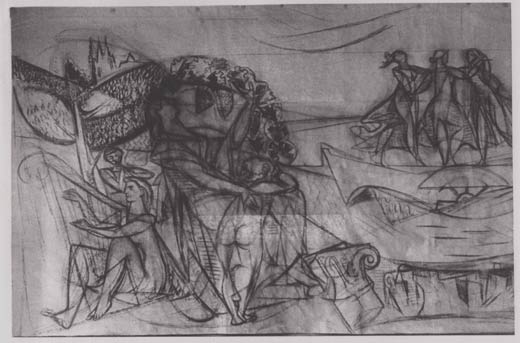 Entwurfsskizze von Hans Kinder zum linken unteren Bildteil des Wandbildes