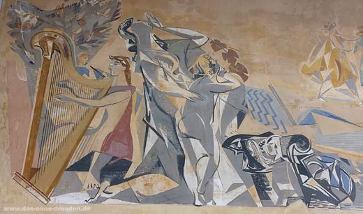 Ausschnitt aus dem Wandbild von Hans Kinder im Treppenaufgang zum Cafe Prag (linke untere Bildhlfte)