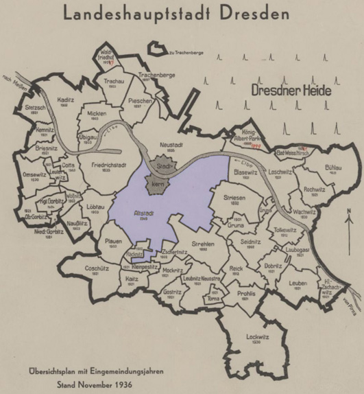 Landeshauptstadt Dresden, Karte mit Stadtbezirken, ua. Altstadt 1936